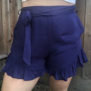 Ruffle Bottom Tie High Waisted Shorts - Blue